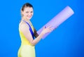 Yoga gives energy. Happy woman workout with fitness mat. Health diet. Success. Sport mat equipment. Athletic fitness