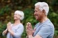 Yoga- good for body, mind and soul. a senior man doing yoga with his wife outdoors.