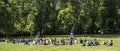 Yoga on the grass in the city park. Prague 2019 June 16