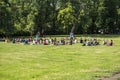 Yoga on the grass in the city park. Prague 2019 June 16