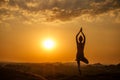 Yoga in Hampi temple copyspase at sunset.travel vacation copy spase lady with stylish jumpsuit Royalty Free Stock Photo