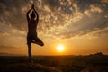 Yoga in Hampi temple copyspase at sunset.travel vacation copy spase lady with stylish jumpsuit Royalty Free Stock Photo