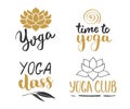 Yoga Hand Drawn labels Set. Calligraphic Letterings with sketch doodle elements. Vector illustration