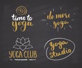 Yoga Hand Drawn labels Set. Calligraphic Letterings with sketch doodle elements. Vector illustration on chalkboard background Royalty Free Stock Photo