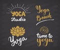 Yoga Hand Drawn labels Set. Calligraphic Letterings with sketch doodle elements. Vector illustration on chalkboard background Royalty Free Stock Photo