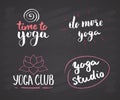 Yoga Hand Drawn labels Set. Calligraphic Letterings with sketch doodle elements. Vector illustration on chalkboard background