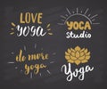 Yoga Hand Drawn labels Set. Calligraphic Letterings with sketch doodle elements. Vector illustration on chalkboard background Royalty Free Stock Photo