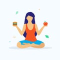 Yoga and healthy lifestyle concept vector illustration in flat design. Woman in lotus position sitting and holding fresh