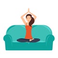 Yoga at home illustration with beautiful young girl sitting in a pose lotos on the couch and modern interior. Vector