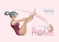 Yoga at home, Woman in yoga pose, stay at home. Yoga, fitness, stretching online class. COVID-19 virus outbreak, social