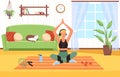 Yoga at home. Woman in sportswear sitting in lotus position, living room interior, female doing physical exercises in