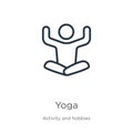 Yoga icon. Thin linear yoga outline icon isolated on white background from activities collection. Line vector sign, symbol for web Royalty Free Stock Photo