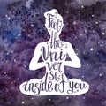 Yoga illustration with lettering. Female silhouette with bright violet watercolor space texture and handwritten phrase Feel the Un