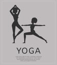 Yoga inscription in placard, silhouette beautiful girl, calm relaxation, pose for meditation, design cartoon vector