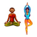 Yoga instructor man siting in lotus asana and woman