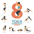 Infographic of 8 Yoga poses for upper back stretches in flat design. Beauty woman is doing exercise for body stretching. Vector. Royalty Free Stock Photo