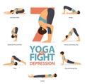 Infographic of 7 Yoga poses for Easy yoga at home in concept of fight for depression in flat design.Vector.