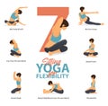 7 Sitting Yoga poses for Easy yoga at home in concept of flexibility in flat design.