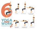 6 Yoga poses for office syndrome when working at home in flat design. Beauty woman is exercise for strength on office chair.