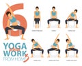 9 Yoga poses for Yoga at home in concept of fix bad posture in flat design. Woman is doing exercise for body stretching. Vector.