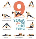 9 Yoga poses for yoga at home in concept of detoxifying in flat design. Woman exercising for body stretching.