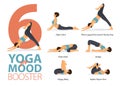 Infographic of 6 Yoga poses for yoga at home in concept of mood booster in flat design. Woman exercising for body stretching.