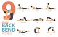 9 Yoga poses for yoga at home in concept of easy backbend in flat design. Woman exercising for body stretching. Royalty Free Stock Photo