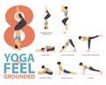 8 Yoga poses for workout at home in concept of yoga to feel grounded in flat design. Woman exercising for body stretching.