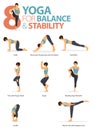 8 Yoga poses for workout in Balance and Stability concept.