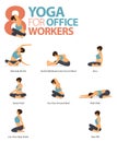 8 Yoga poses for workout in office worker concept. Woman exercising for body stretching. Yoga posture or asana for fitness.