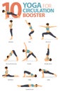 10 Yoga poses for circulation booster concept. Women exercising for body stretching. Yoga posture or asana for fitness infographic