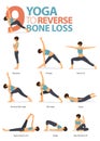 9 Yoga poses to reverse bone loss concept. Women exercising for body stretching. Yoga posture or asana for fitness infographic.