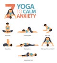 7 Yoga poses to calm anxiety concept. Women exercising for body stretching. Yoga posture or asana for fitness infographic. Vector