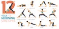 12 Yoga poses or asana posture for workout in Morning Stretches concept. Women exercising for body stretching.Fitness infographic