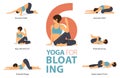 6 Yoga poses or asana posture for workout in Yoga for Bloating concept. Women exercising for body stretching. Fitness infographic.