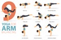 9 Yoga poses or asana posture for workout in Arm Balance concept. Women exercising for body stretching. Fitness infographic. Royalty Free Stock Photo