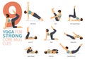 9 Yoga poses or asana posture for workout in Strong Core Muscle concept. Women exercising for body stretching. Vector.