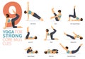 9 Yoga poses or asana posture for workout in Strong Core Muscle concept. Women exercising for body stretching. Vector. Royalty Free Stock Photo