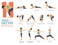 11 Yoga poses or asana posture for workout in Fat Burning concept. Women exercising for body stretching. Fitness infographic.