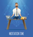 Yoga at job. Businessman relaxing in lotus position on table with computer at the desk. Cartoon style man meditation in