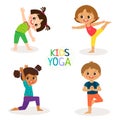 Yoga Kids Poses Vector Cartoon Illustration. Little Girls And Boys Doing Yoga Set. Royalty Free Stock Photo