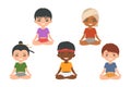 Yoga for kids.Set of cute chibi boys of different nationalities doing yoga. Cartoon flat style
