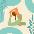 Yoga King Pigeon Pose young woman in Rajakapotasana posture banner with botanical leaves doodle, boho style, pastel