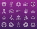 Yoga line icons set on purple violet gradient background Royalty Free Stock Photo