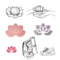 Yoga logo, Lotus, backpack, shoes, vector isolated icons