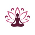 Yoga logo design. Human meditation in lotus flower icon isolated on white background