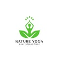 Yoga logo design stock. human meditation in above of leaves vector illustration in purple and green color Royalty Free Stock Photo