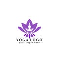 yoga logo design stock. human meditation in lotus flower vector illustration in purple color Royalty Free Stock Photo