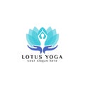 yoga logo design stock in overlay color style. human meditation in lotus flower with hand care vector illustration Royalty Free Stock Photo