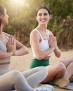 Yoga, lotus or funny women in nature for spiritual meditation, calm freedom or gratitude together. Fitness friends Royalty Free Stock Photo